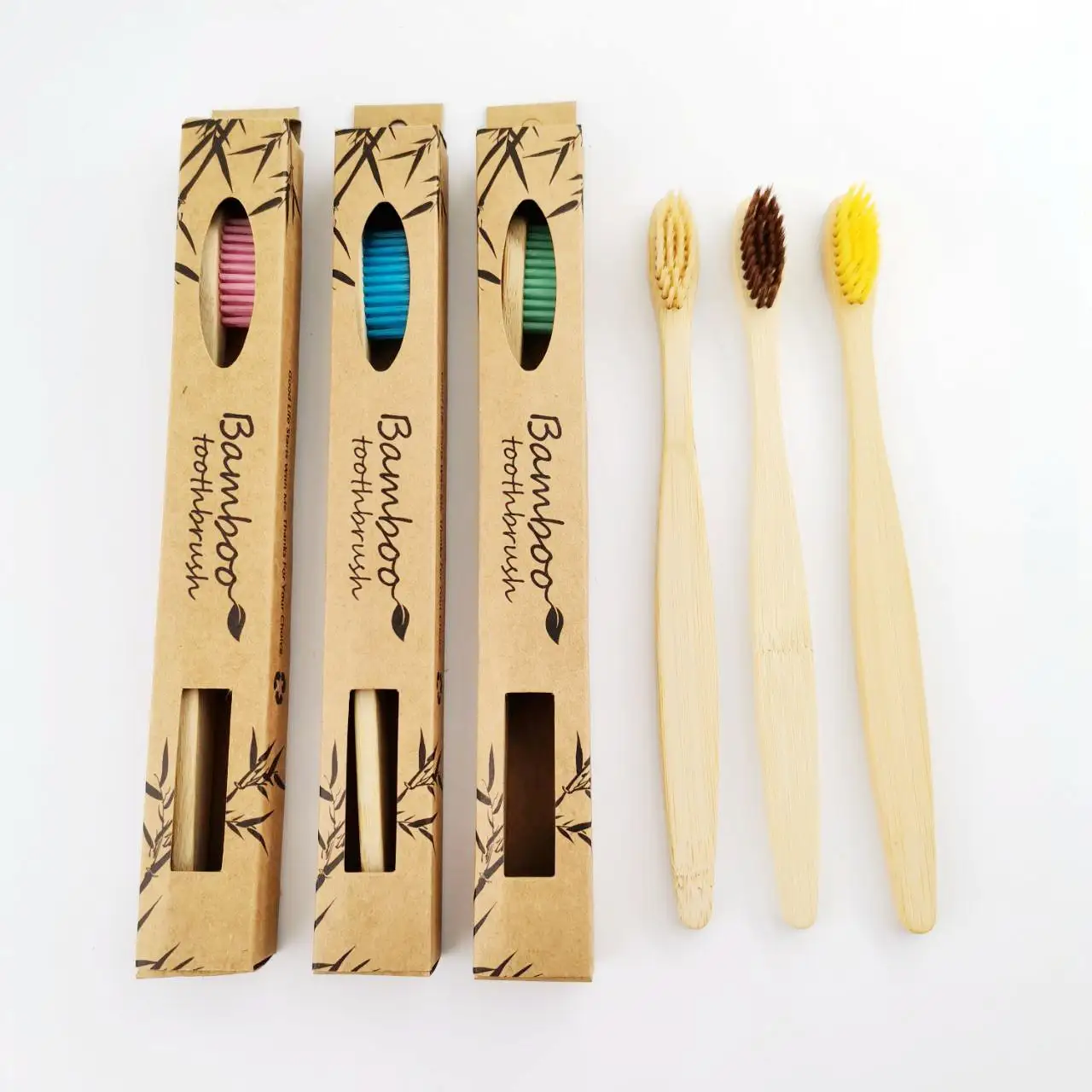 Wholesale customized two colors biodegradable natural natural bamboo toothbrush without toothpaste