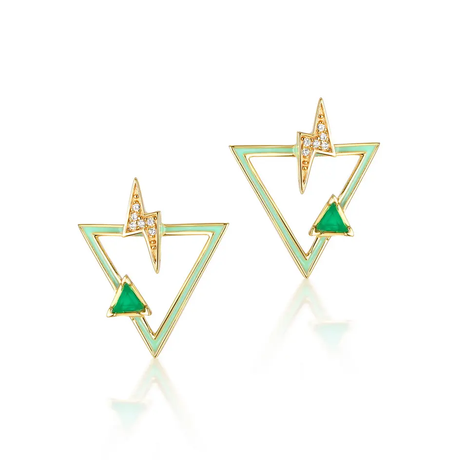 Sterling silver gold lightning bolt double enamel triangle green onyx stud earrings
