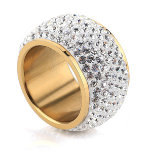 Fashion <b>Ring</b> 14MM Steel Gold Micro Pave <b>Crystal</b> Unisex Party Jewelry - Product Image 1