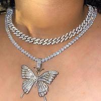 Collier cubain Double couche plein de diamants, grand collier papillon, chaîne épaisse, chaîne de cavalier femme