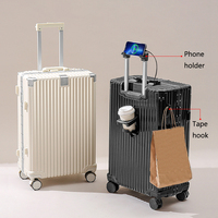 Valise à roulettes en aluminium tendance 2024, vente chaude, avec porte-gobelet, support de téléphone, prise de charge USB, bagages multifonctionnels en ABS
