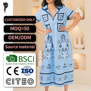 Robe d'été décontractée pour femme en coton et lin, broderie personnalisée, col rabattu, manches courtes, coupe ample, longueur midi - Product Image 1