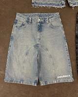 Short en jean 14OZ en coton épais délavé à l'acide, coupe ample, avec broderie personnalisée et empiècements, style jorts
