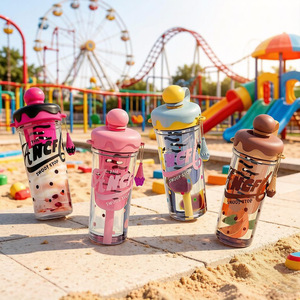 Plastic Cup Cartoon Slanted Straw Student Ice Cream Water Bottle 880ML Bpa Free With Carrying Rope Back To School - Product Image 1