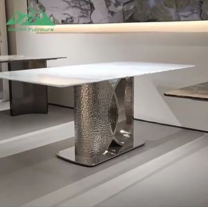 <span class=keywords><strong>Mesa</strong></span> <span class=keywords><strong>de</strong></span> Comedor <span class=keywords><strong>de</strong></span> Piedra Sinterizada Verde Jade <span class=keywords><strong>de</strong></span> Lujo Wayon, Base <span class=keywords><strong>de</strong></span> Pedestal Cromado Martillado, Muebles Art Deco - Product Image 1