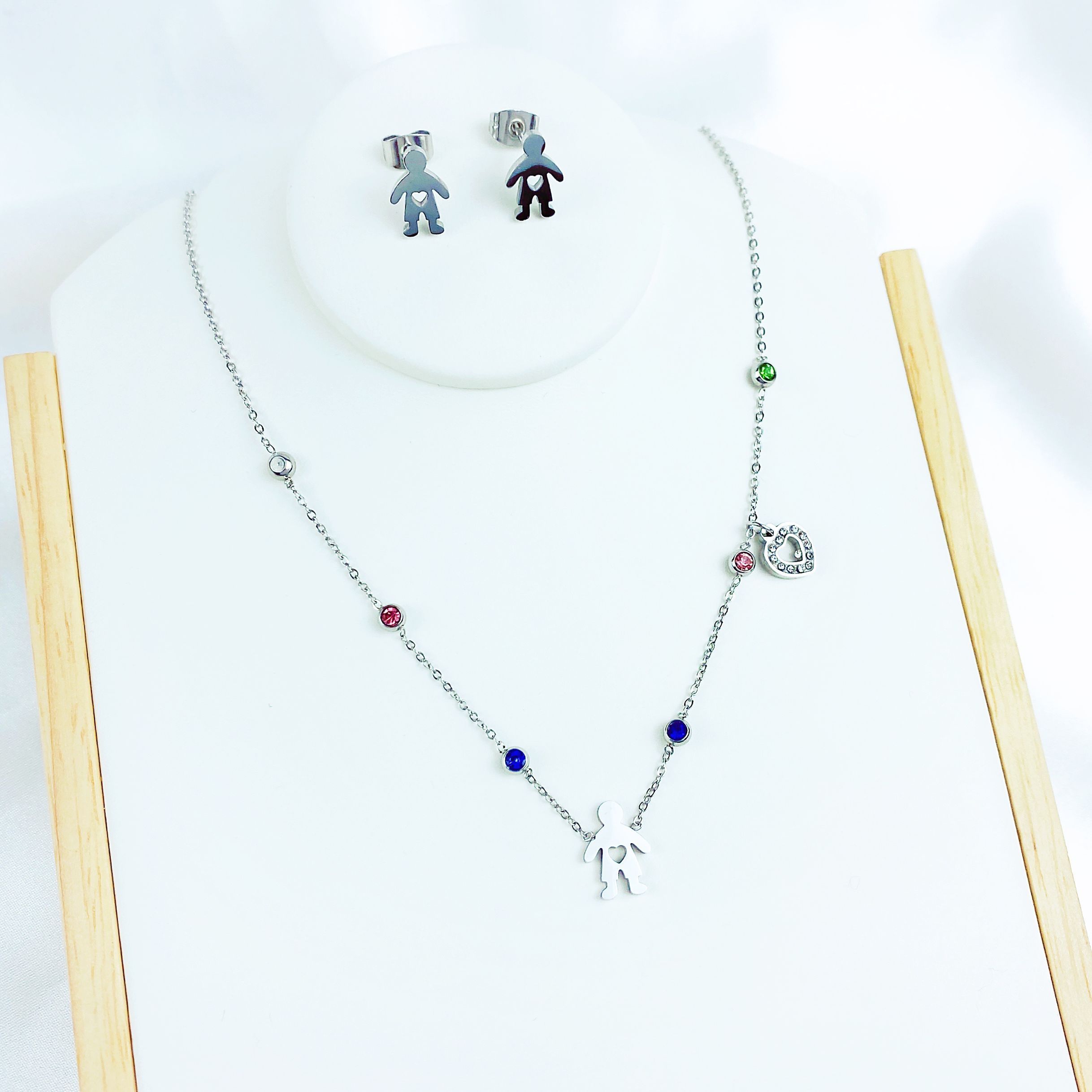 Cadena de oro de moda niños Acero inoxidable feliz niño y niña besos colgante pendientes conjunto de los niños conjunto de joyas