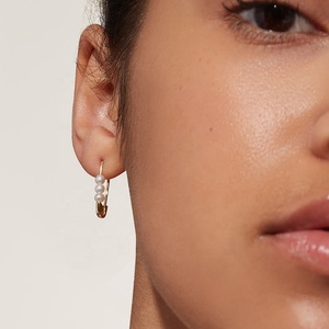 Haute qualité luxe 14k plaqué or bijoux 925 argent Sterling perle d'eau douce épingle de sûreté boucle d'oreille - Product Image 2