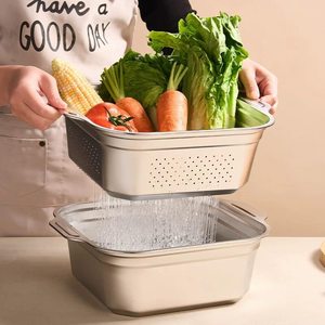 Égouttoir carré double couche Shioyoshi Masa en acier inoxydable avec double poignée pour légumes et fruits - Product Image 1