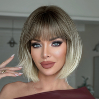 Peluca de Cabello Sintético de 12 Pulgadas, Color Ombre Marrón Ceniza con Raíces Platinadas, Corte Bob Corto con Flequillo Recto, Fibra Resistente al Calor, Aspecto Natural
