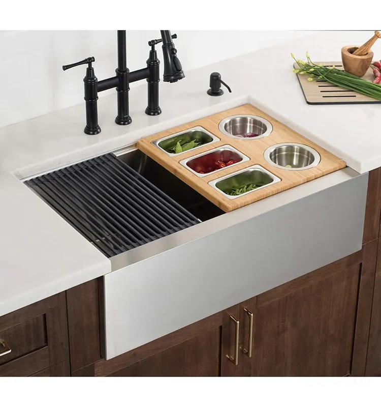 Workstation Over The Sink Bamboo Cutting Board with Stainless Steel Bowls