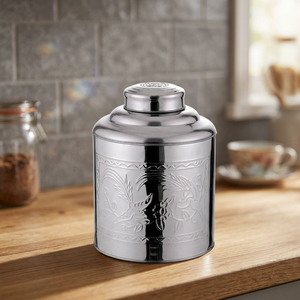Classic Round Metal Food Container with Carved Floral Design Airtight <b>Storage</b> <b>Jar</b> <b>for</b> <b>Kitchen</b> Use - Product Image 1