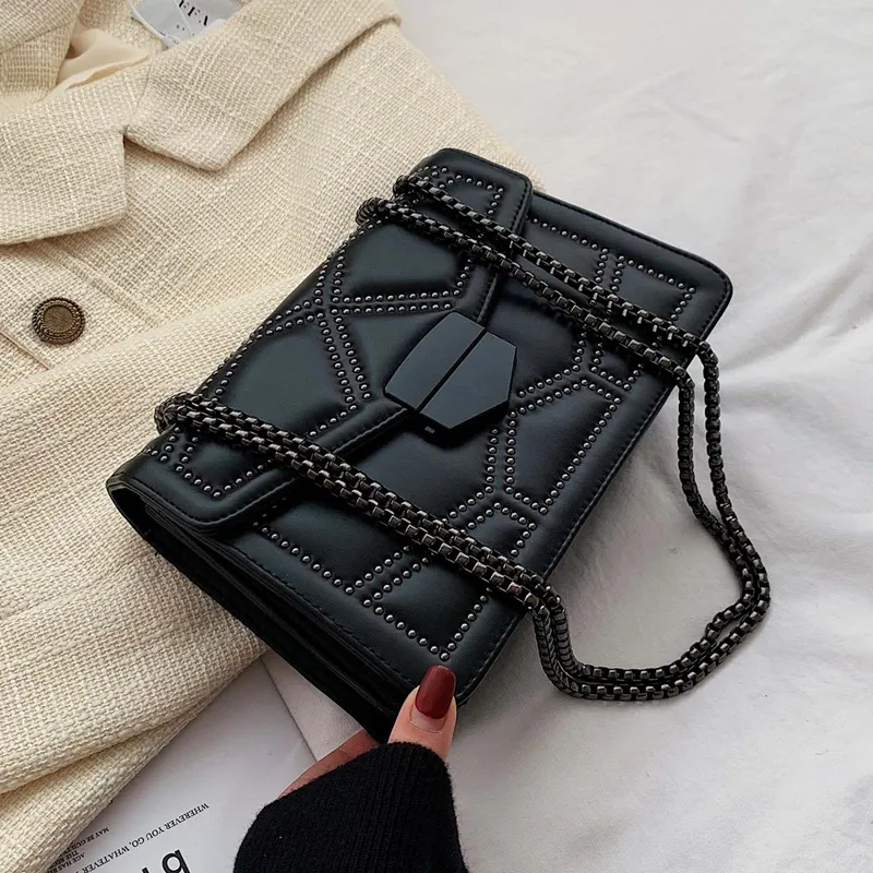 Classic Chain Crossbody Shoulder Strap Small Flap Handbags PU Leather Ladies Hand Bags Rivet Fashion Woman Bags