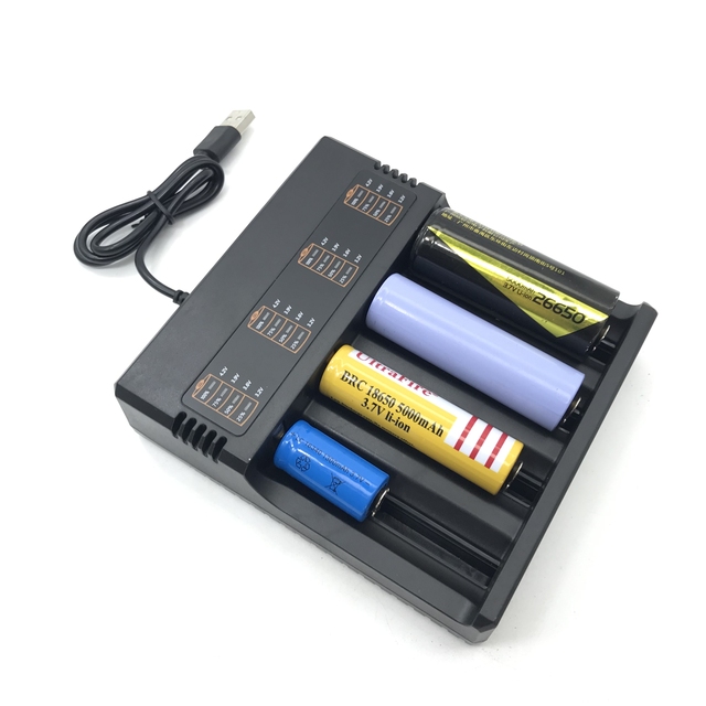 Universal 1-4 Slots Lithium-Ion Battery Charger with USB Ports for 21700/18650/18500/16340 Batteries LED Illumination 15W Output