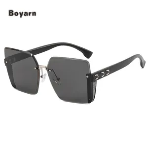 Boyarn Wholesale Fashion Famous Brand Design Women Polarized Sun Glasses Square Metal Rimless Frame Oversized Sunglasses
