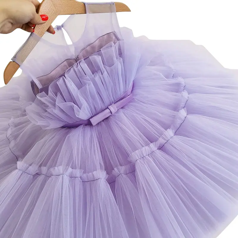 Hot Sale Design Tulle Sleeveless Bow Tie High Waist Tutu Multiple Layers Girls Party Mini Dress
