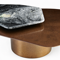 Table basse de luxe en pierre et bois avec plateau en acier laqué laiton, style italien moderne, minimaliste, élégant et peu encombrant pour villa