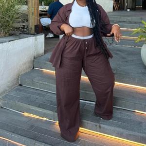 Plus Size Casual Striped Long Sleeve Cardigan Shirt High Waisted <b>Pants</b> African Women's Loose 2 Piece Set Fashion - Product Image 5