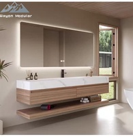 Meuble-lavabo double vasque de luxe avec plateau en pierre frittée certifié CE et corps en bois massif imperméable de qualité E1