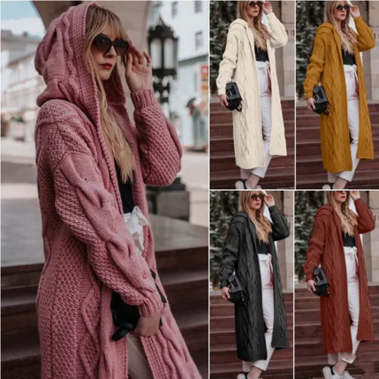 2022wish European And American Autumn And Winter Hot Selling Solid Color Hooded Long Cardigan Sweater Twist Knit Sweater Women