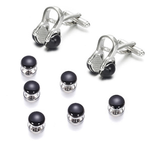 Set di <span class=keywords><strong>Gemelli</strong></span> Personalizzati per <span class=keywords><strong>Camicia</strong></span> Smoking Francese, Placcati in Ottone, Rotondi con Smalto Nero, per Uomo d'Affari - Product Image 5