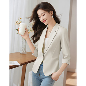 Women's Light Green Blazer Slim Fit Three Quarter Sleeve Anti Wrinkle Solid Color Polyester Spring Casual Suit Jacket - Product Image 3