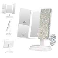 Miroir de maquillage LED à trois volets avec strass, grossissement 5X 7X, rechargeable, avec base de rangement