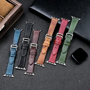38mm 44mm 49mm Retro Vegetable Tanned Oil Wax Genuine Leather Watch Strap Wrist Bands For Apple IWatch Series 9 8 7