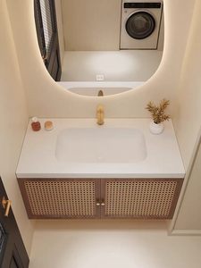 Lavabo Monoblocco in Acrilico Puro Kolinai Importato in Stile Giapponese, Set <span class=keywords><strong>Mobile</strong></span> <span class=keywords><strong>Bagno</strong></span> e Lavabo in Vimini e Rovere Stile Wabi-sabi - Product Image 3