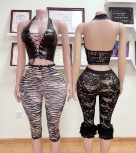 2025 été mode vêtements femmes ensemble dentelle voir à travers sans manches haut court et pantalon court ensemble - Product Image 3