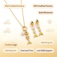 Set Kalung Mutiara Air Tawar Tulang Ikan Lapis Emas PVD Baja Anti Karat Pantai Musim Panas, Anting-anting Kristal Zirkon Ekor Ikan Gaya Laut untuk Wanita