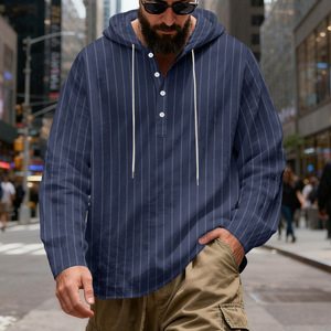 Sweat-shirt à capuche rayé pour homme, manches longues, détails boutonnés, nouvelle collection printemps-automne 2026, haut décontracté polyvalent - Product Image 5