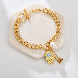 Türk Hamsa Fatima el Charms bilezik paslanmaz çelik 14K altın kaplama nazar inci charm kadınlar bilezik takı - Product Image 3