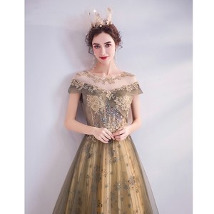 Golden Off The Shoulder Ball Gown Empire Waist Floral Print Evening Dress For Wedding Banquet Stage Performance Host Solo Show - Product Image 3