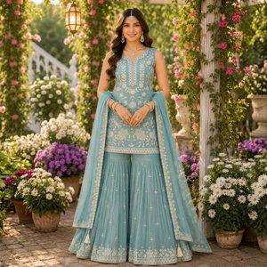 <b>Women</b>’s Premium Chiffon Sharara <b>Suit</b> Set with Heavy Embroidery and Sequin Work, Designer <b>3</b>-<b>Piece</b> Ethnic Wear with Dupatta - Product Image 1