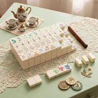Jeu de Mahjong Chinois Automatique Moderne Blanc Ivoire avec Tuiles Peintes à la Main Motif Paysage Panda Dragon Personnalisable pour Loisirs Familiaux
