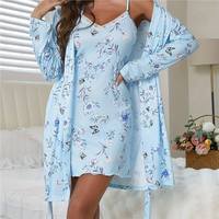 Setelan 2 Potong: Baju Tidur Cami Bermotif Bunga & Jubah Lengan Panjang