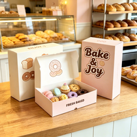 Boîte à gâteaux, beignets, pâtisseries et biscuits personnalisée avec logo, couvercle rabattable biodégradable, revêtement UV, laminage mat, carton ondulé rose