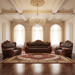 Ensemble de canapés sectionnels en cuir avec cadre en bois massif sculpté à la main de style européen de luxe pour hôtel, appartement, salon, usage commercial - Product Image 1