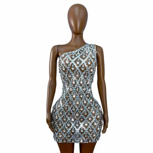 Abito tubino mini monospalla con strass glitterati argento, taglie forti, aderente, <span class=keywords><strong>da</strong></span> sera, per banchetti, feste, balli, abbigliamento <span class=keywords><strong>da</strong></span> club <span class=keywords><strong>da</strong></span> donna - Product Image 1