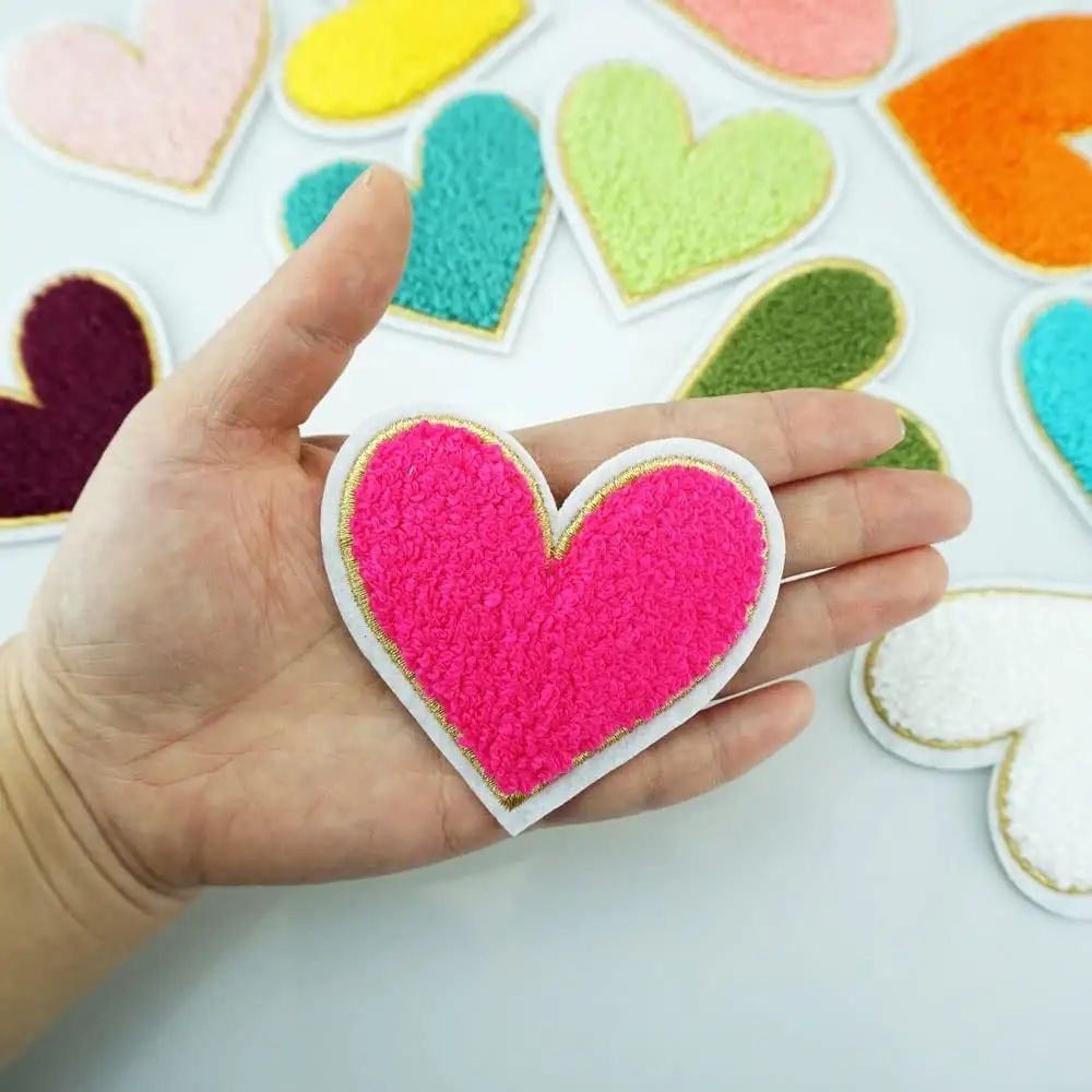 Parche bordado de chenilla de estrella, colores y tamaños personalizados, planchado de corazón