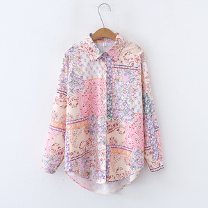2024 grosir blus kancing musim semi musim gugur wanita Vintage dicetak lengan panjang - Product Image 1