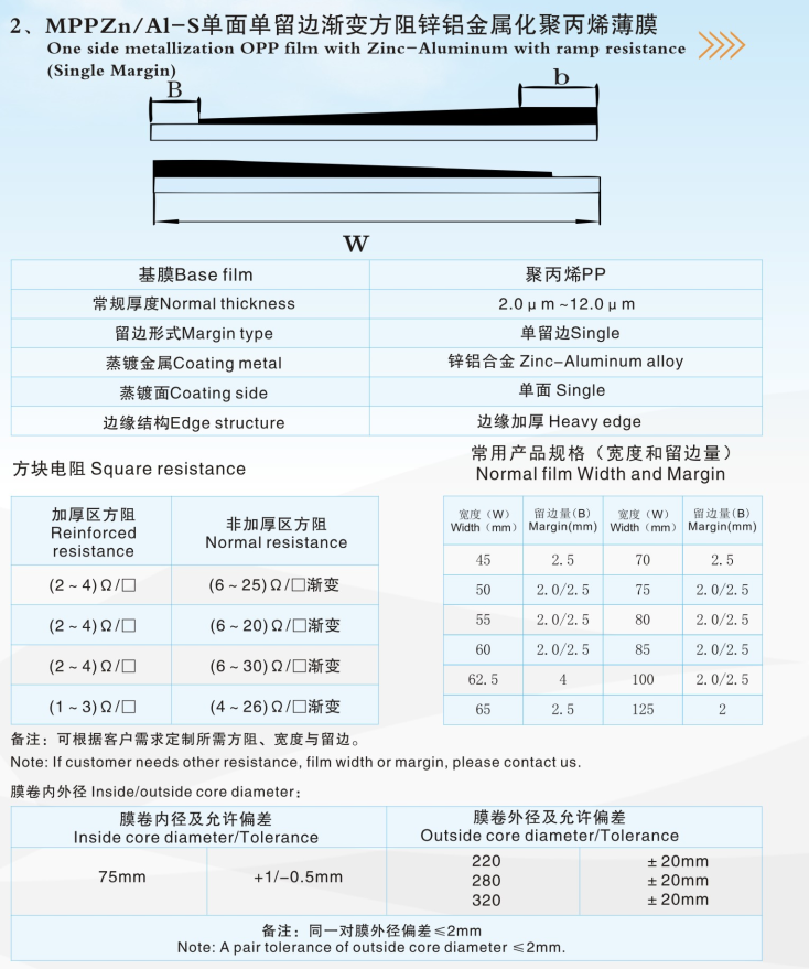 Zn-Al metallized thin film roll for capacitor 2.7um 2.8um 2.9um