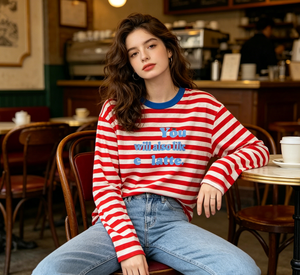 T-shirt à manches longues rayé <span class=keywords><strong>rouge</strong></span> et <span class=keywords><strong>blanc</strong></span> pour <span class=keywords><strong>femme</strong></span>, col <span class=keywords><strong>bleu</strong></span> avec imprimé lettres, haut décontracté - Product Image 4