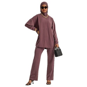 Women's Elegant Long-Sleeved Neck Cross-Border Muslim <strong>Abaya</strong> Basic Inner Sportswear Three-Piece Set For Middle East ODM Supplied - Product Image 3