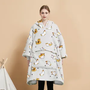 थोक बच्चों वयस्क नरम गर्म Sweatshirt Hooded कंबल आराम ऊन शेरपा कस्टम मुद्रित बड़े पहनने योग्य हूडि कंबल