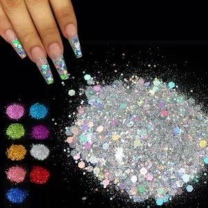 Bagged laser big hexagon Nail sequins powder 50g nail art glitter sequins Decoration mixed size sequin sprinkles for nails