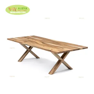 Set meja makan kenari dapat diperpanjang, kayu Solid pilihan 4-12 kursi dengan kayu X kaki rumah restoran meja makan