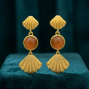 Pendientes de Diseño de Concha Marina con Gemas de Jaipur Chapados en Oro, con Gema Monalisa Marrón, para Mujeres y Niñas, Ideales para Fiestas - Product Image 3