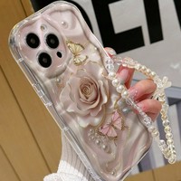 Coque de téléphone INS Golden Rose Butterfly avec chaîne pour iPhone 16 17 Pro Max 14, motif crème, coque arrière Funda