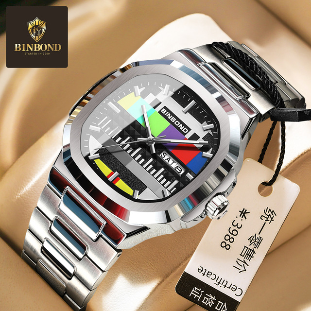 BINBOND 1984 TV No Signal Dial Nostalgic Men's Quartz Watch Steel Strap Waterproof Retro Novelty Watch for Man